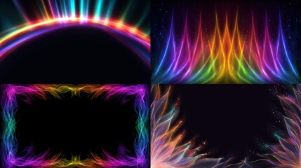 Four abstract compositions curved arcs, vertical flame-like forms, a rectangular frame, and floral-inspired patterns