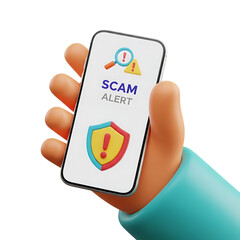 3D Scam Alert Notification Smartphone Icon for Security Awareness Isolated on Transparent Background png