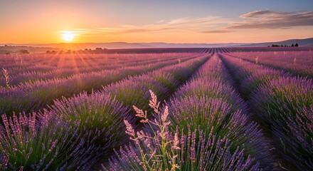 Lavender Field Sunset Serenity - A Picturesque Landscape.