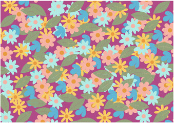 Floral pattern with pink, yellow, and blue flowers and green leaves on a purple background.
