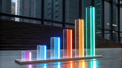A colorful bar graph made of illuminated transparent materials, set against a modern urban backdrop, representing data visualization in a sleek, contemporary style.