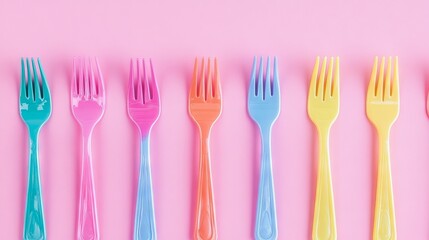 45.A minimalist top-down view of several colorful plastic forks symmetrically aligned in parallel rows on a soft pink background, creating a visually striking contrast between the vibrant cutlery and
