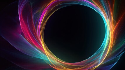 Abstract swirling colorful energy frames a dark central void, showcasing vibrant light and motion