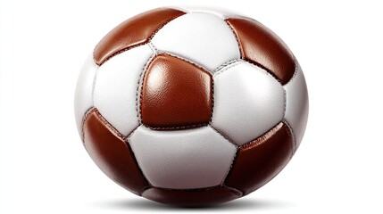 Brown and white soccer ball with glossy patches on a stark white background