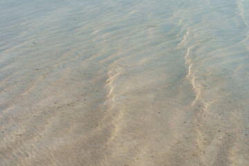 Gradient sunlight filters through shallow, clear water, casting delicate, wavy patterns of light and shadow across the smooth, sandy ocean floor