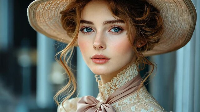 close up face portrait of 18th century girl wearing pretty gown with hat