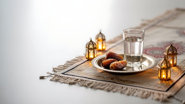 Traditional ramadan iftar meal setup with dates water and lanterns