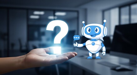 A cute robot stands beside a question mark, symbolizing ai assistance, problemsolving, and the use of chatbots for customer support and information retrieval