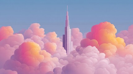 Skyscraper pierces pastel clouds in a vibrant, dreamy, cartoon-style illustration