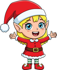 Cute cartoon Christmas elf girl in red festive dress with Santa hat, holiday character illustration, happy child design for winter celebration