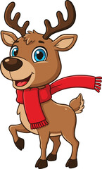Cute cartoon reindeer wearing red scarf, happy Christmas deer character, festive winter animal illustration, holiday Rudolph art for celebration design
