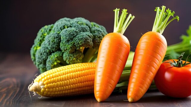 Fresh produce arrangement of broccoli, carrots, corn, and tomato