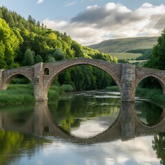 Historic medieval stone arch bridge reflecting in calm river water amidst lush greenery