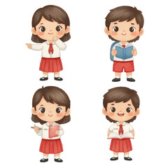 Chibi School Children with Books and Stationery Indonesia student watercolor
