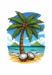 Cartoon Palm Tree on Tropical Beach.