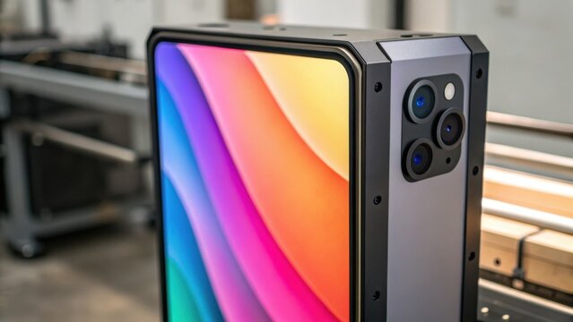 A sleek smartphone with a vibrant, multi-colored display and a distinctive camera setup, set against a modern manufacturing backdrop.