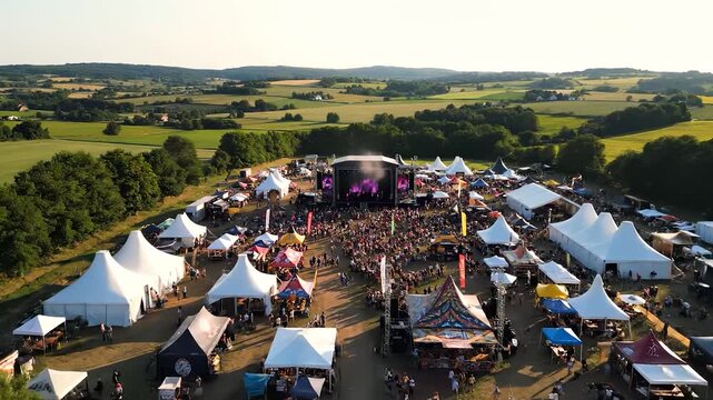 A large music festival takes place in a field with multiple tents and a stage. Crowds gather around tents and stage to enjoy the music festival experience.