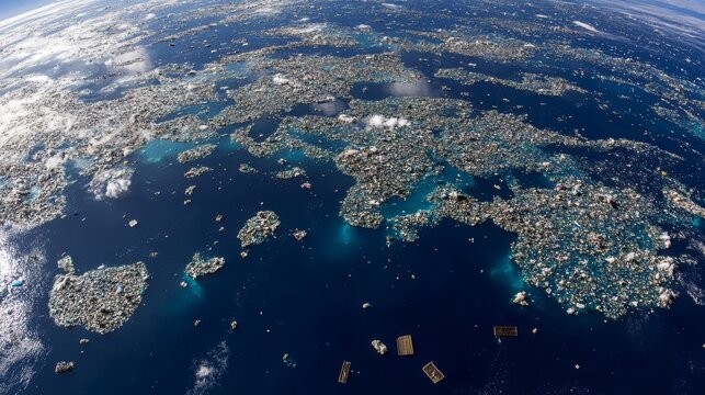 101.A wide-angle satellite-style view of the Great Pacific Garbage Patch, showing clusters of floating trash spreading across the deep ocean, with murky waters surrounding the plastic pollution.