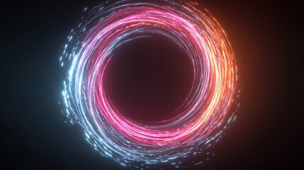 A vibrant, glowing ring of energy, split into hues of blue, pink, and orange, against a dark backdrop
