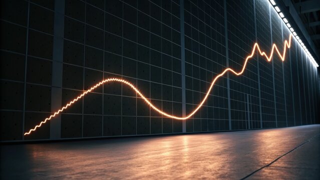 A glowing orange line graph illustrating an upward trend, set against a dark wall, symbolizes growth and progress in data visualization.