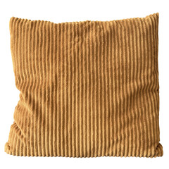 Soft square pillow with yellow corduroy fabric texture, isolated on white. Suitable for interior design, cozy home decor projects, or product presentations.