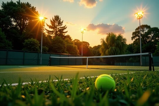 Sunset Serenade on the Tennis Court A single tennis ball rests in the vibrant green grass at the edge of a pristine court, illuminated by the warm glow of the setting sun and stadium lights.