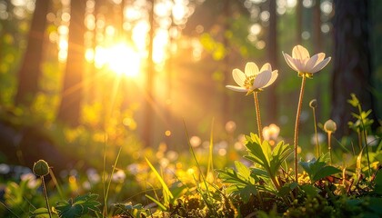 Cinematic Forest with Sunbeams and Fog Creating Contrast and Depth with Two Small White Flowers in Foreground
