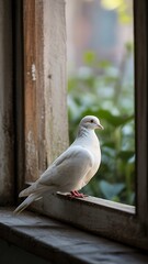 Pristine white dove perched on a windowsill with lush green foliage visible outside