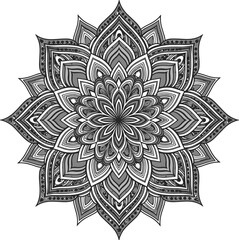 Intricate black and white mandala design, detailed floral geometric pattern, symmetrical artwork for coloring, meditation, decor, tattoo, yoga, and mindfulness