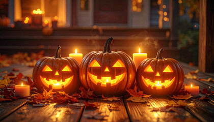 Ultra-realistic close-up of jack-o’-lantern pumpkins lit by candles, showing eerie faces and warm Halloween glow-generative AI