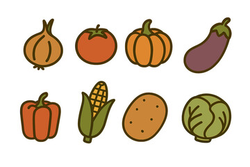 Assortment of fresh garden vegetables including onion, tomato, pumpkin, eggplant, and corn