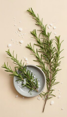 Rosemary sprig on a plate with salt and pepper