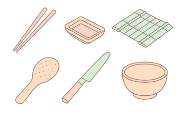 Collection of sushi making tools arranged on a white background
