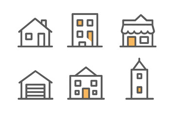 Different types of buildings and houses in a simple design showing variety and features of residential structures