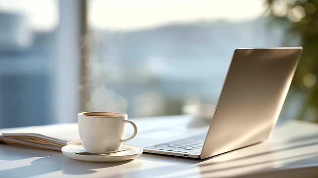 A clean desk with a laptop, planner, and coffee mug under bright natural light, representing productivity concept, workplace efficiency, minimalism in workflow, and focus on goal-oriented