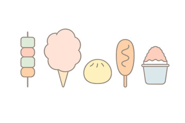 Delicious sweet and savory street food snacks including cotton candy and corn dog