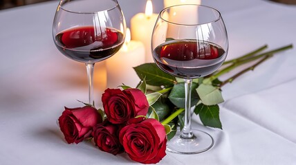 Romantic anniversary celebration red roses wine and candlelight setting for love