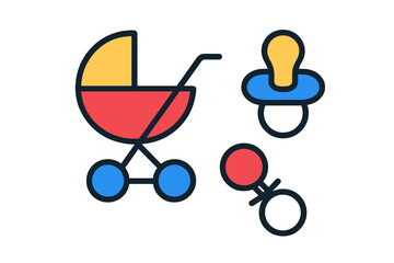 Collection of essential baby items including stroller, pacifier, and rattle