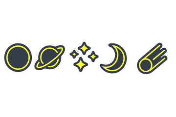 Creative space-themed graphic featuring planets, stars, moon, and comet designed in modern style