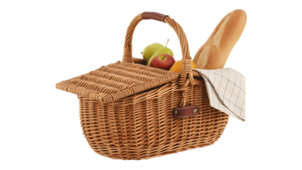 Wicker Picnic Basket with Bread, Fruits, and Cloth
