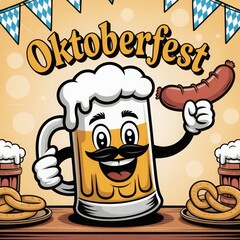 Whimsical beer festival illustration with frothy mug, sausage, pretzels and “Oktoberfest” banner. Colorful artwork for festive branding or themed projects.