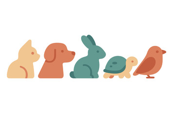 Adorable stylized domestic and wild animals in a row with simple shapes and soft pastel colors