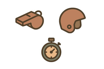 Essential sports equipment icons featuring a whistle, protective helmet, and stopwatch timer