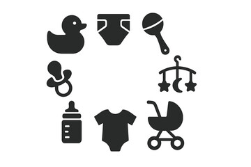 Symbols of baby care and playtime arranged in a circular pattern featuring toys, clothing, and accessories for infants