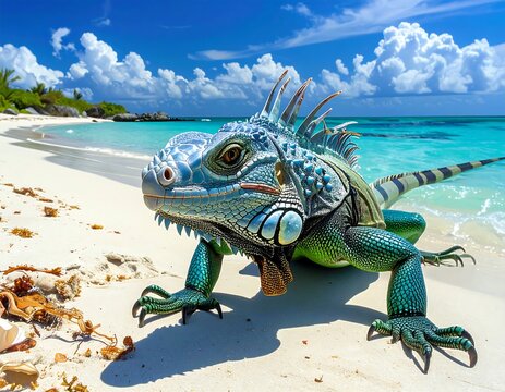 Vibrant iguana basking on a sandy beach with turquoise water and fluffy clouds in the background.