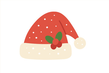 Festive red Christmas hat with white polka dots and green holly decoration displayed on a white background