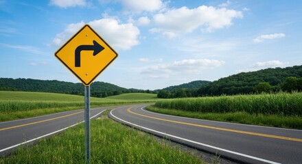 Yellow road sign at curve, winding rural road, rolling hills, cloudy blue sky