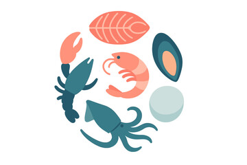 Colorful collection of seafood including shrimp, lobster, squid, and mollusks arranged in a round pattern