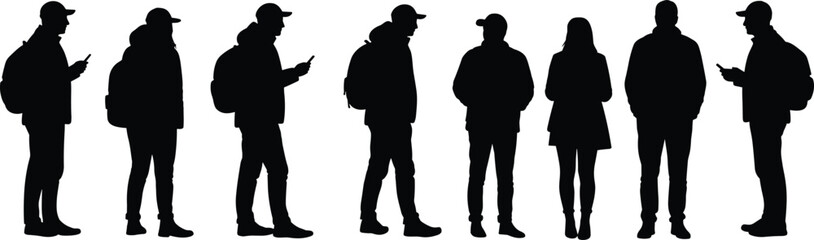 Silhouette group of diverse young people standing in line, using smartphones, urban lifestyle concept, isolated on white background.