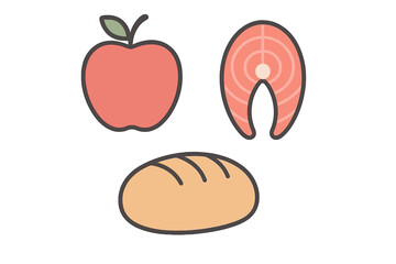 Healthy eating components: red apple, salmon steak, and a loaf of bread